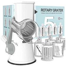 5 in 1 Hand Crank Cheese Grater Shredder w/ 5 Blades Cheese Veggies Nuts White