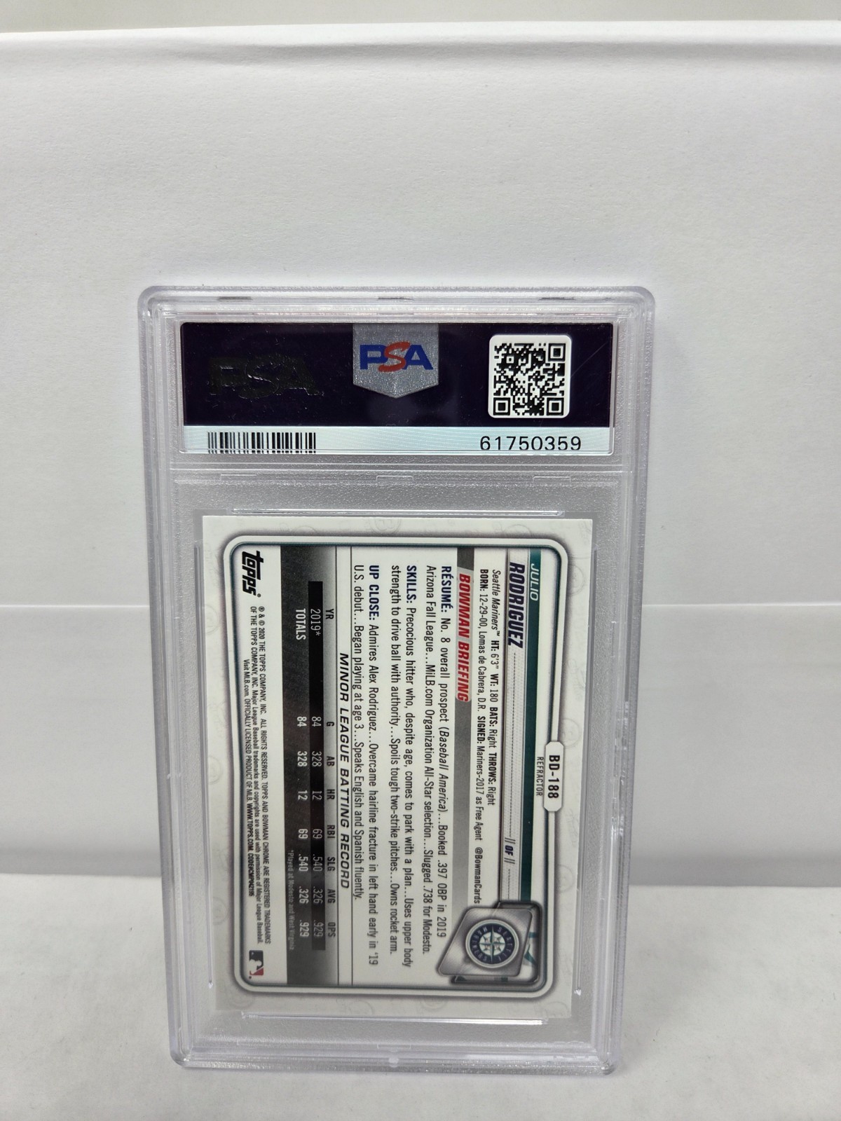 2020 BOWMAN JULIO RODRIGUEZ Refractor Rookie Card RC PSA 9 Mint view 2