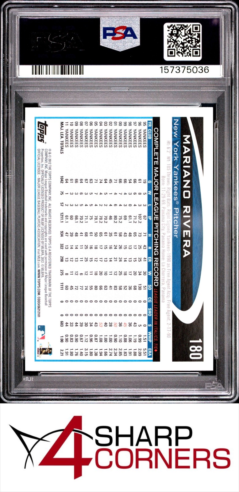 2012 TOPPS #180 MARIANO RIVERA YANKEES HOF PSA 10 view 2