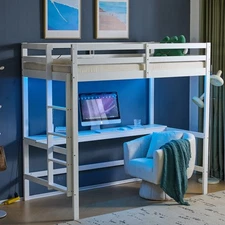 Junior Loft Bed with Desk Wood Loft Bed Twin Size W/ RGB LED 2 Charging Station