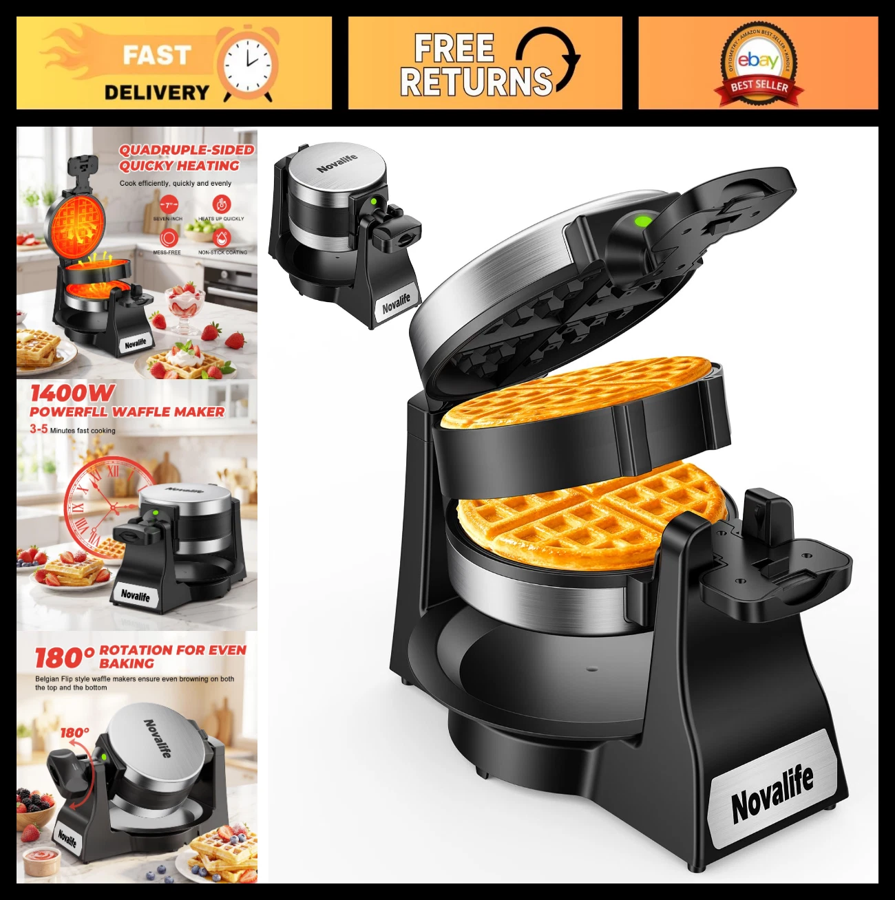 1400W Belgian Waffle Maker - Double Flip Iron, Nonstick Plates, Easy Clean, 8 Sl