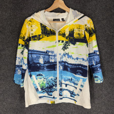 Onque Casual Full Zip Hoodie Women M Medium White City Print 3/4 Sleeve Hooded