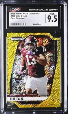 MIKE EVANS 2025 PANINI PRIZM DRAFT GOLD SHIMMER FOTL JERSEY # SP 13/15 CGC 9.5