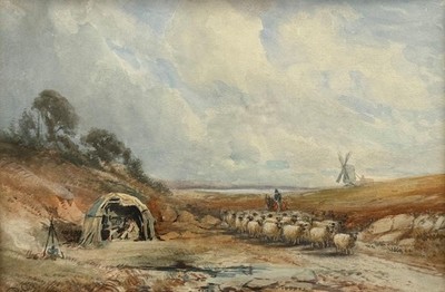 Aquarell Hirte weidet sein Schaf um 1850 undeutlich signiert Flwr David Cox