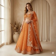 Sanskriti Vintage Long Unstitched Orange Lehenga Pure Tissue Hand Embroidered