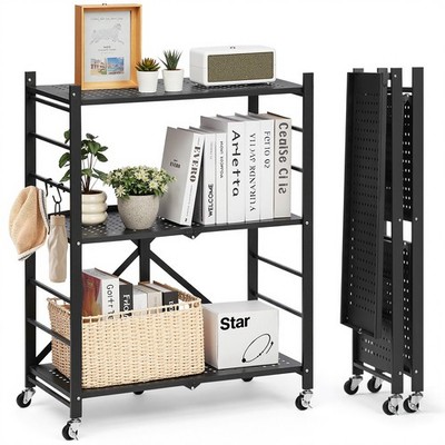Uimoso 3-Tier Foldable Metal Storage Shelf with Wheels, 28 x 13 x 36 Inches