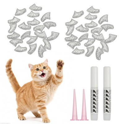 Cat Nail Caps, Cat Claw Covers with Adhesive Glue 40 Pcs, S, Crystal Silver