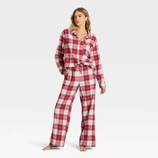Women's Flannel Long Sleeve Button Down Shirt and Pants Pajama Set -