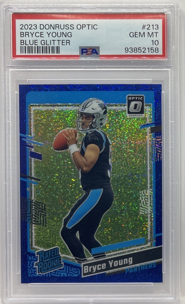 2023 Donruss Optic Bryce Young Blue Glitter Prizm Rated Rookie #213 PSA 10 GEM