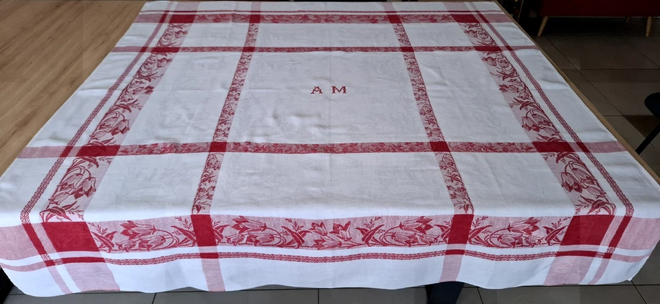 Lot de 2 anciennes belles nappes vigneronnes avec liteaux rouges feuilles fleurs - Photo 4/4