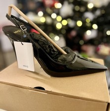 NEW MANGO MNG BLACK Patent LEATHER BUCKLE STRAPS KITTEN HEEL SHOES EU38 US 7.5