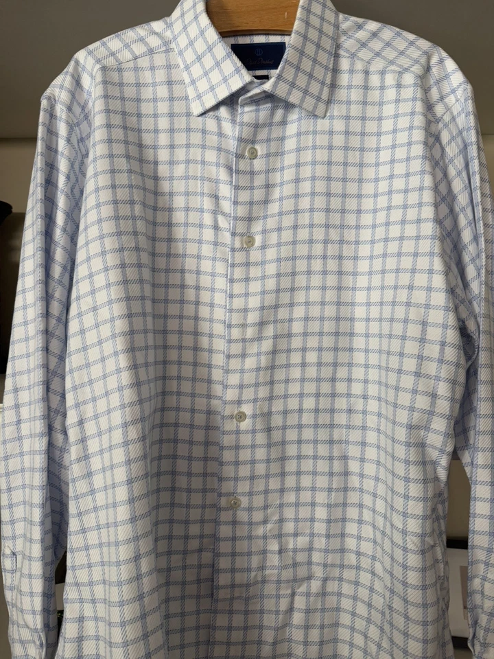 Camisa de vestir David Donahue manga larga con botones para hombre 16 34/35 blanca azul a cuadros nueva sin etiquetas Foto 4 de 4