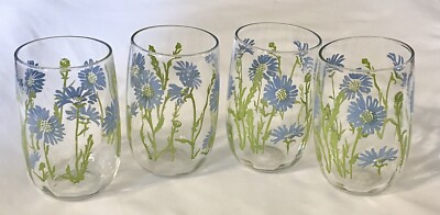 4 Vintage Roly Poly Bottom Juice Glasses Blue Daisy Flower Cornflower 10oz