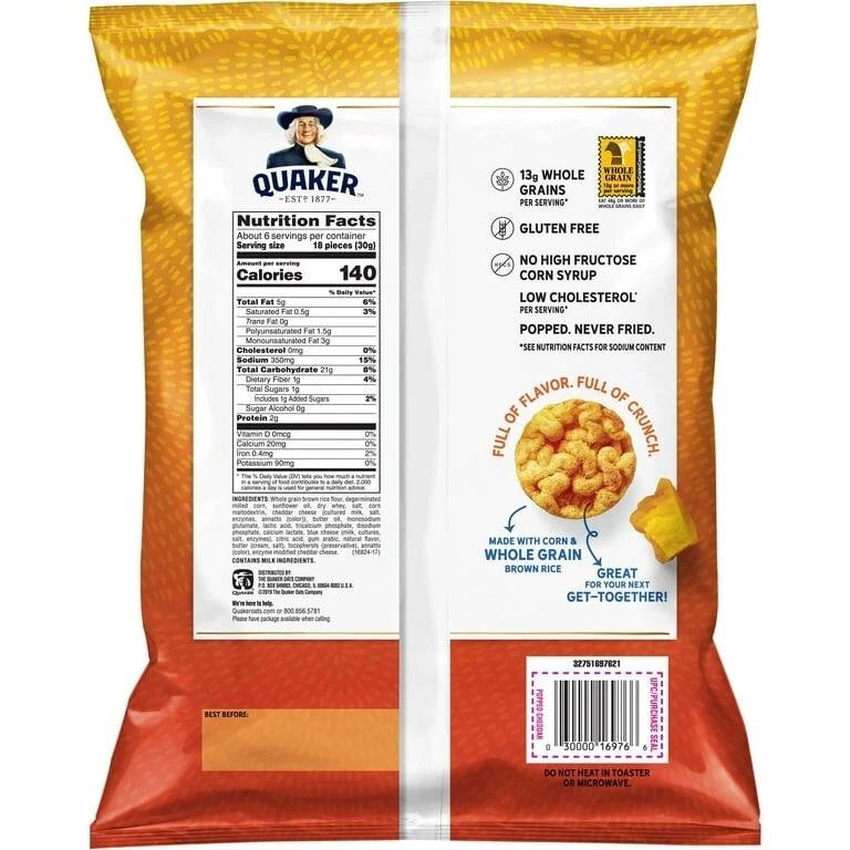 Quaker Rice Crisps Cheddar Cheese, Gluten Free, 6.06oz Bag - Image 2 of 2