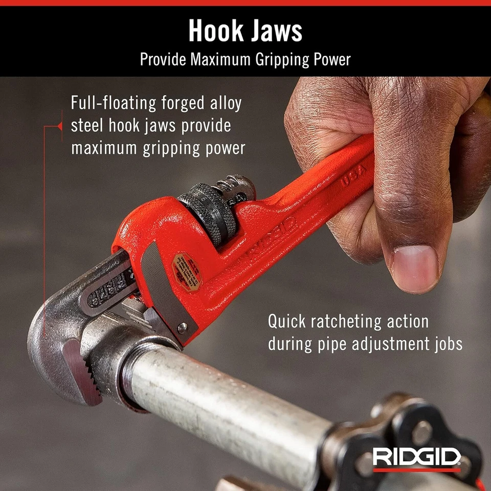 RIDGID 31010 Model 10 10" Heavy-Duty Straight Pipe Wrench 1-1/2" Cap Made in USA - Image 4 of 4