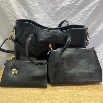 Black Purse With Matching Clutch And Small Crossbody Gold Color Hardware
