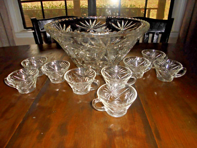 VINTAGE ANCHOR HOCKING STAR OF DAVID PUNCH BOWL SET/W 9 CUPS