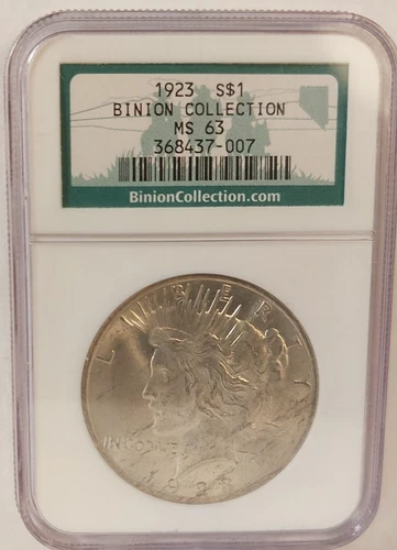1923-P Binion Collection Peace Silver Dollar $1 NGC MS63