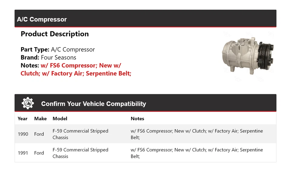 Compresor de aire acondicionado chasis despojado comercial Ford F-59 1990-1991 4 estaciones Foto 2 de 4