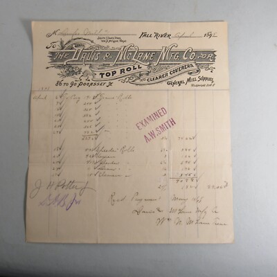 Antique Ephemera 1898 Letterhead Invoice Davis & McLane MFG Co Fall River MA
