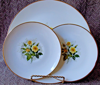 3 pcs Vtg Sabin China Cathy Rose Yellow Luncheon Bread Saucer Plate 22K Gold USA