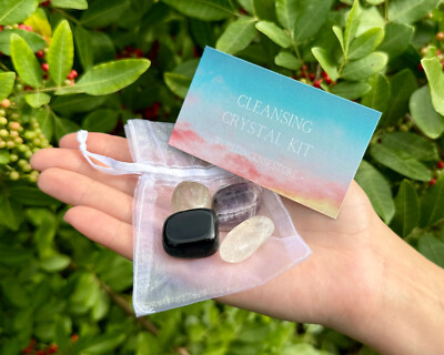 Cleansing Crystal Kit, 4 pcs In Pouch - Amethyst, Quartz, Obsidian, Smoky Quartz