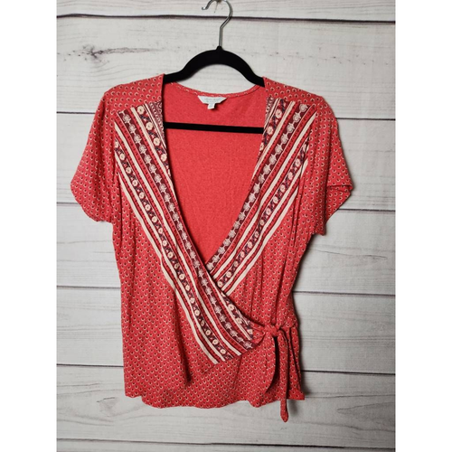 Lucky Brand Womens Wrap Top Orange Geometric Short Sleeve Surplice Tie