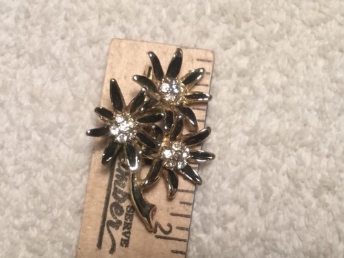 Black Enamel Flower with Rhinestone Center Pin Brooch - Picture 3 of 5
