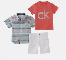 Calvin Klein 3-Piece Boys Shorts  Shirt Set Stripe Woven AQUA/CORAL 4T NWT