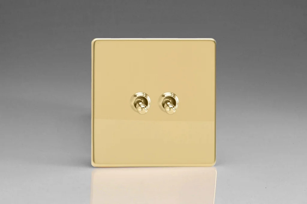 Switch Brass Double Toggle 10A 2-Gang 2-Way Screwless Polished Varilight XDVT2S