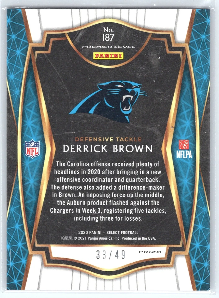 2020 Panini Select Premier Level Disco Red Derrick Brown Rookie 33/49 Carolina - Image 2 of 2