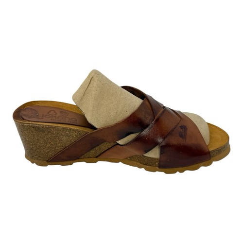 Yokono Caramel/ Brown Cork Wedge Slide Black Straps Sandal Size 8 Made In Spain - Picture 2 of 7