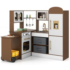 Corner Kitchen w/ Lights and Sounds Interactive Wooden Playset Toy Kitchen Set