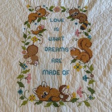 Vintage Hand Cross Stitch Baby Quilt Woodland Animals Love Is What Dreams 39x59