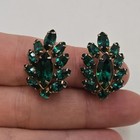 Vintage Emerald Green Glass Peacock Marquise Huge Statement Clip On Earrings