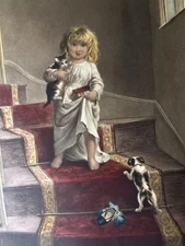 Giant 27 x 34 Antique Engraving by Alfred Lucas: "Family Cares", Child, Animals