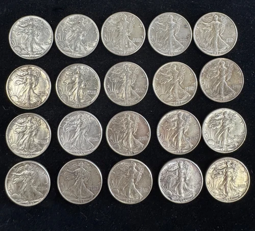 90% Silver Walking Liberty Halves $10 20-Coin Roll AU or Better No Reserve