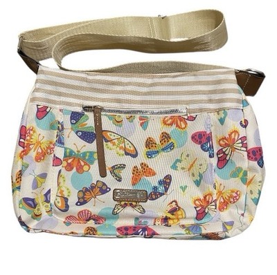 Lily Bloom Crossbody Purse Small Beige Brown Multi Butterflies Bug Design