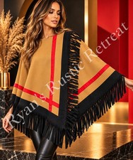 Vintage Randolph Duke The Look Womens M Tan Red Black Fringe Poncho Cape Western