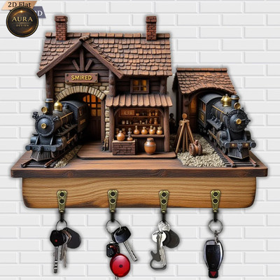 Wand Schlüsselanhänger 30cm - Bahnhof Retro Organizer 2D 4 Haken Eingang