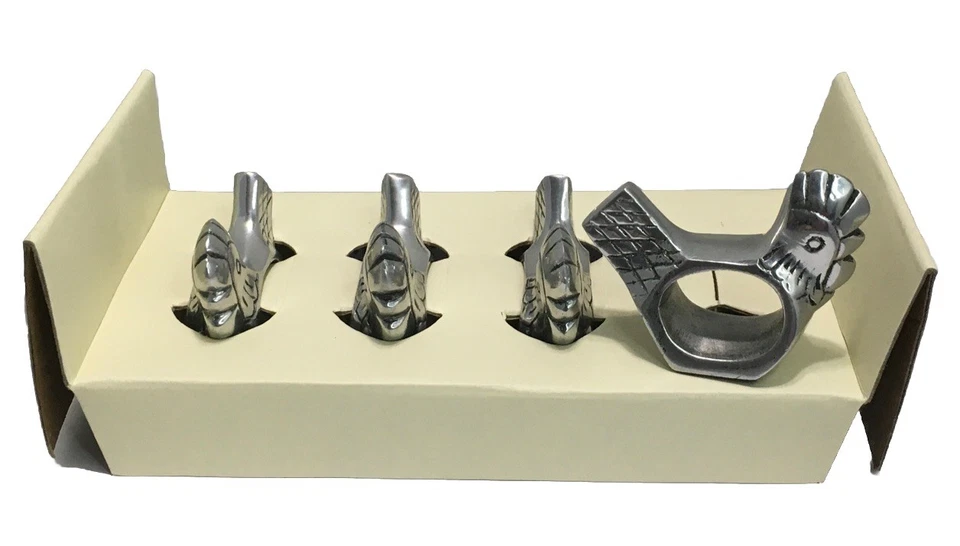 Pottery Barn Pewter 鸡场动物餐巾戒指套装 (4) 全新带盒 — 第 4/4 张图片