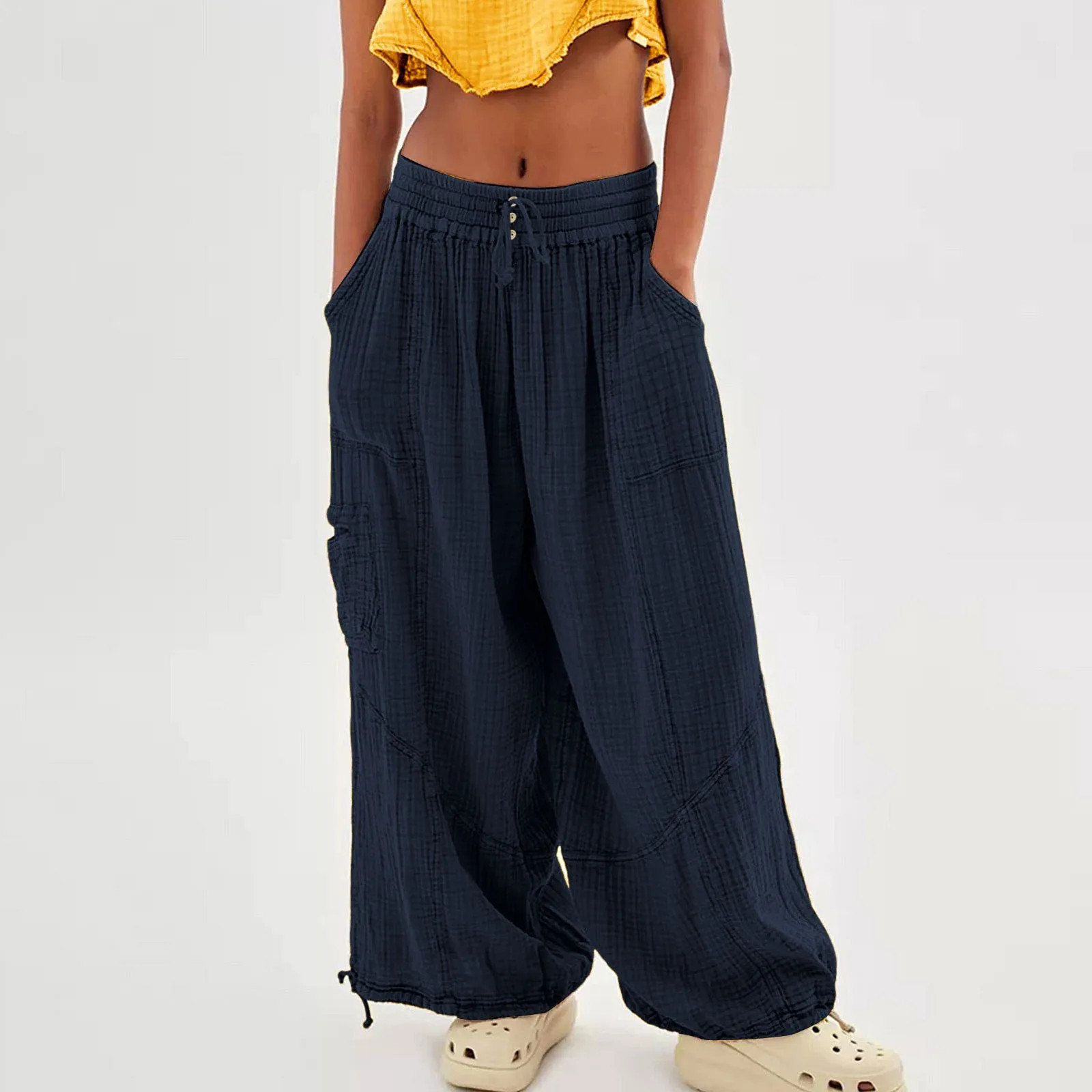 Beach Pants Linen Pants Women Wide Leg Harem Pants High Waist Button Drawstring