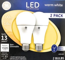 GE 2-Pack 100 W Equivalent Warm White A21 LED Light Fixture Light Bulbs, 16