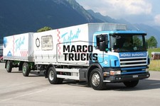 LKW Foto Scania 114G 380 Planensattelzug Schweiz blau MÜHLE BURGHOLZ Trof #j8ly