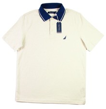 Nautica Polo Shirt Mens Small Natural White Blue Collar Classic Cotton Casual