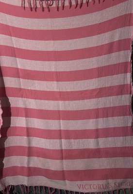 Victorias Secret  Pink Striped Fringe Tassel Throw Blanket Beach Towel Cotton