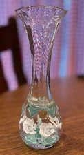 St Clair Glass Paperweight Vase Blue White Trumpet Flowers Controlled Bubbles 7”