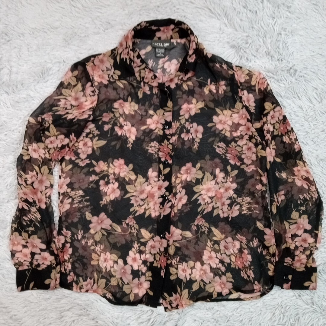 Notations Womens Shirt Blouse Black Small Button Up Floral Sheer 