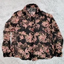 Notations Womens Shirt Blouse Black Small Button Up Floral Sheer 