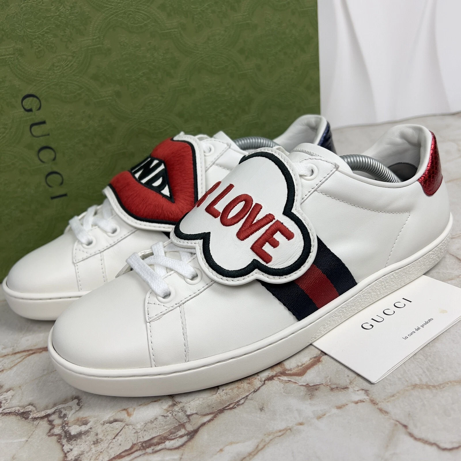 Gucci Ace Baskets Blind For Love Patch Web Cuir Blanc 8 US ou